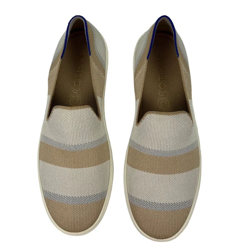 Rothys Womens 8.5 Shoes Birch Stripe Slip On Sneakers Knit Beige Casual Fashion